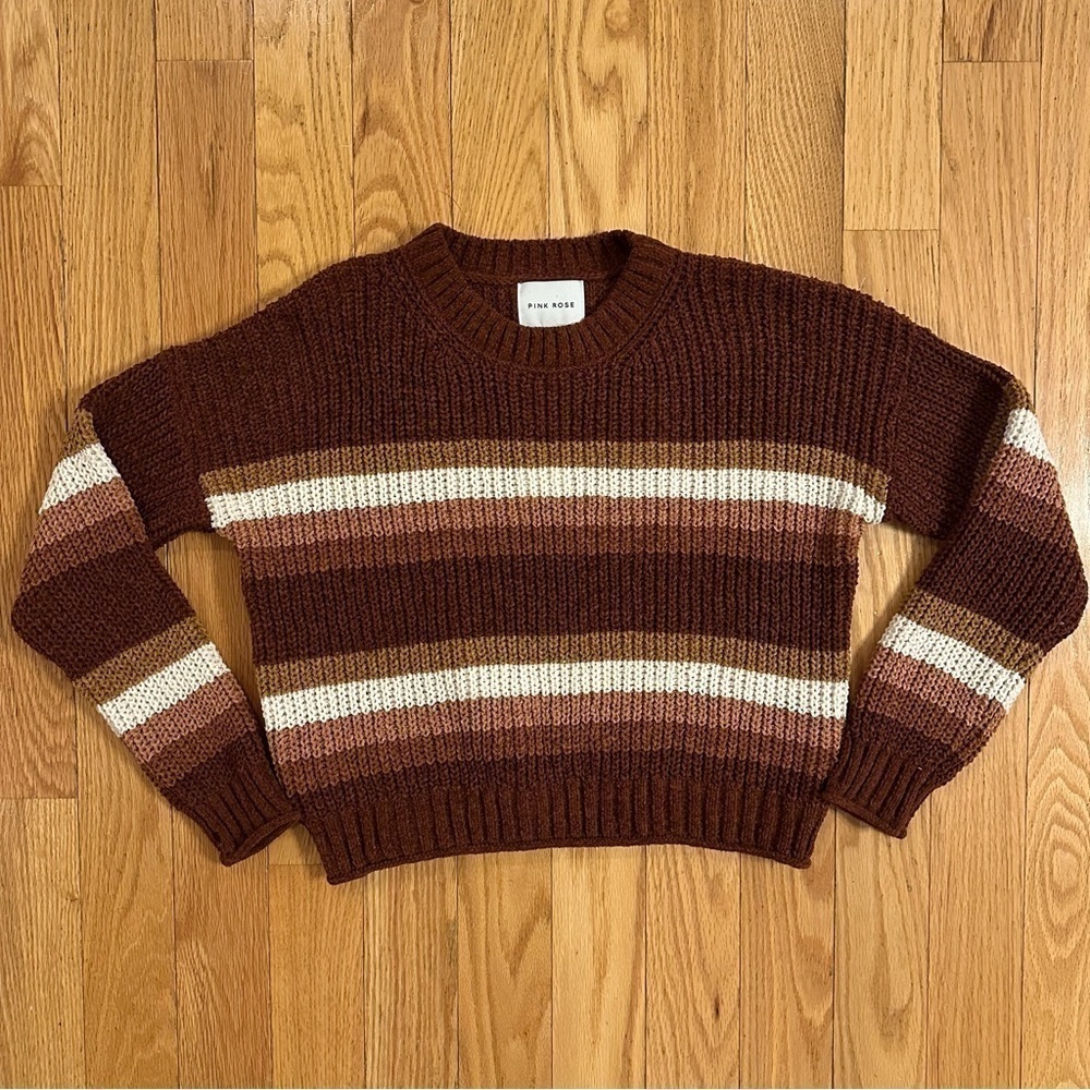 Pink Rose crop knit oversize sweater brown tan beige autumn winter stripe S